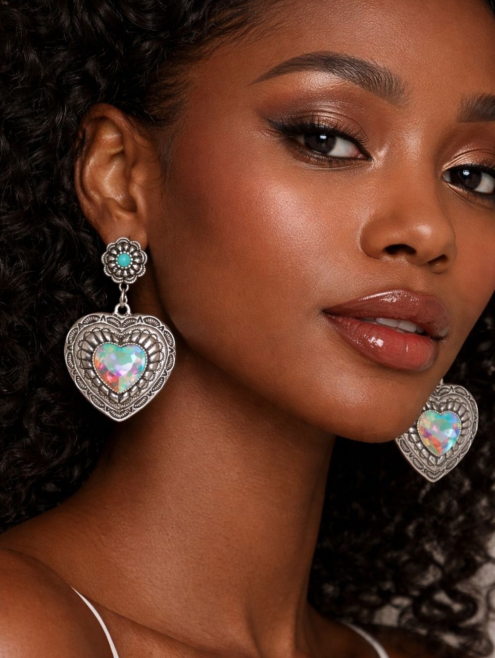 Silver Heart Drop Earrings with Iridescent Crystal and Turquoise Accent